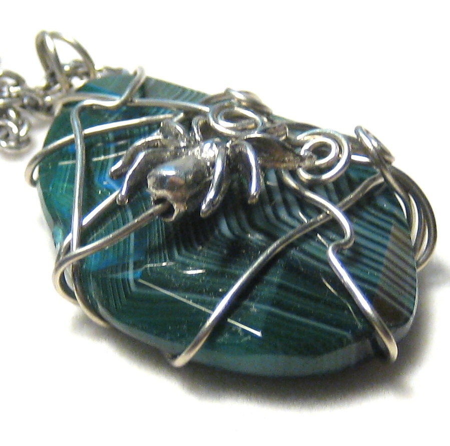 Arachnid Spider Green Striped Agate Pendant Antiqued Silver Chain Necklace Halloween