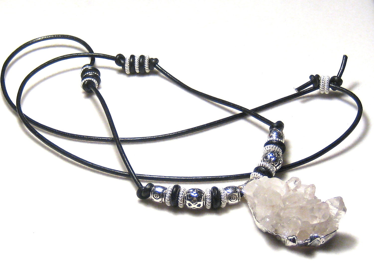 Crystal Quartz Cluster Pendant Leather Necklace