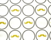 100% Organic Cotton Fabric, 1 fat quarter 18"x29", "Mustard Moustache" ,Ready to ship ( May come Pre-washed)