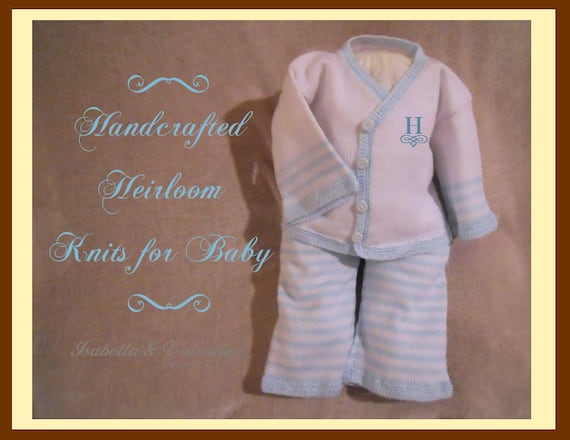 NEWBORN 0m Baby Boy Handcrafted Special Occasion White Blue Knit 2pc KAI Set with Hand Crochet... Isabella and Valentino