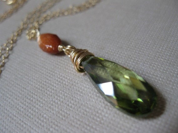 Olive Cubic Zirconia, Sunstone Gold Necklace