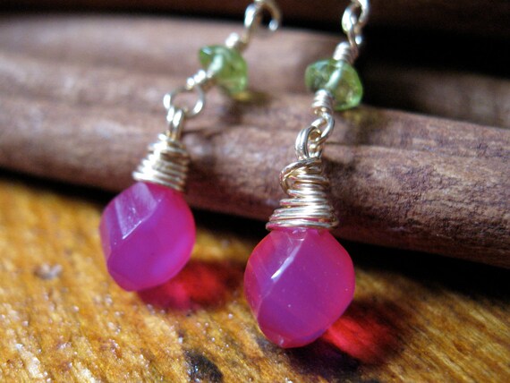 Hot Pink Chalcedony, Peridot Earrings