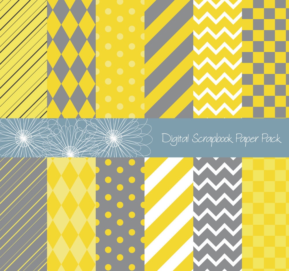 12 Pack Digital Scrapbook Paper Yellow and Grey Polka Dots, Chevron, Stripes