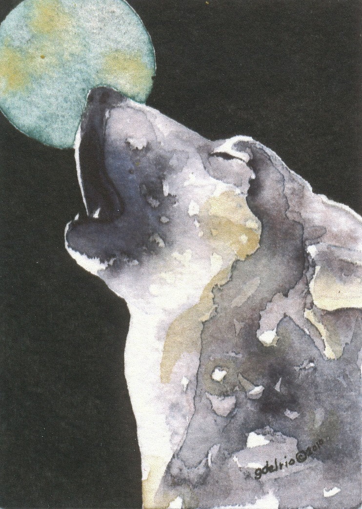 HOWLING at the moon WOLF  aceo watercolor giclee PRINT - Free Shipping