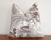 SALE- Peacock Toile Decorative Pillow Cover- Brown- White- 22x22"