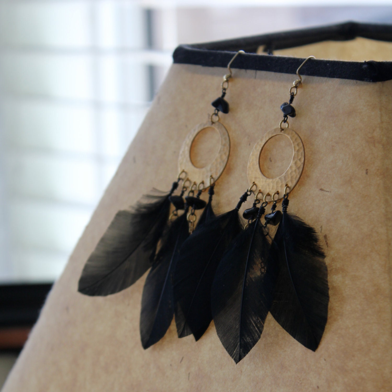 Black and Gold Hooped Feather Earrings