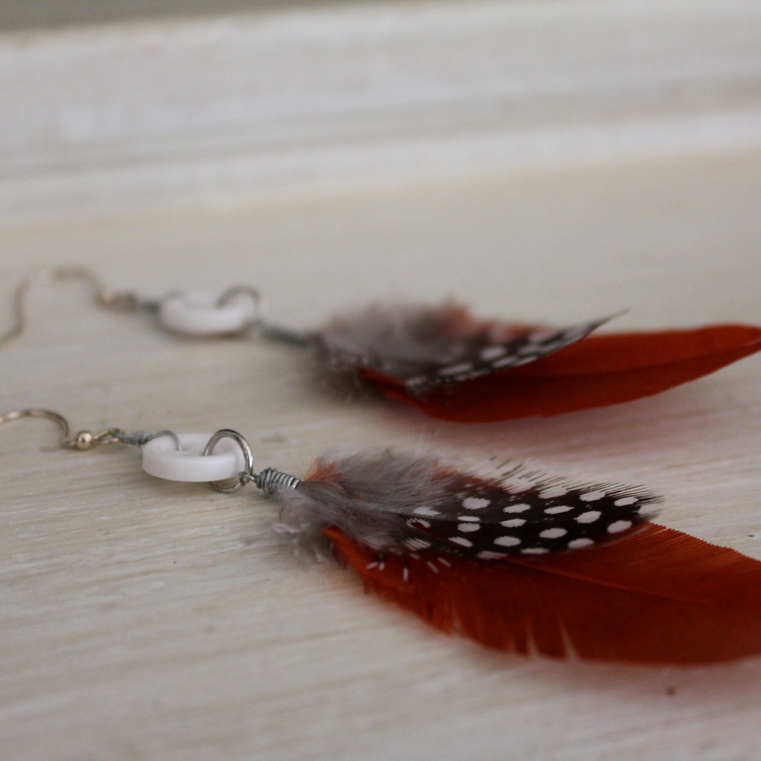 Rust and Polka Dot Feather Button Earrings