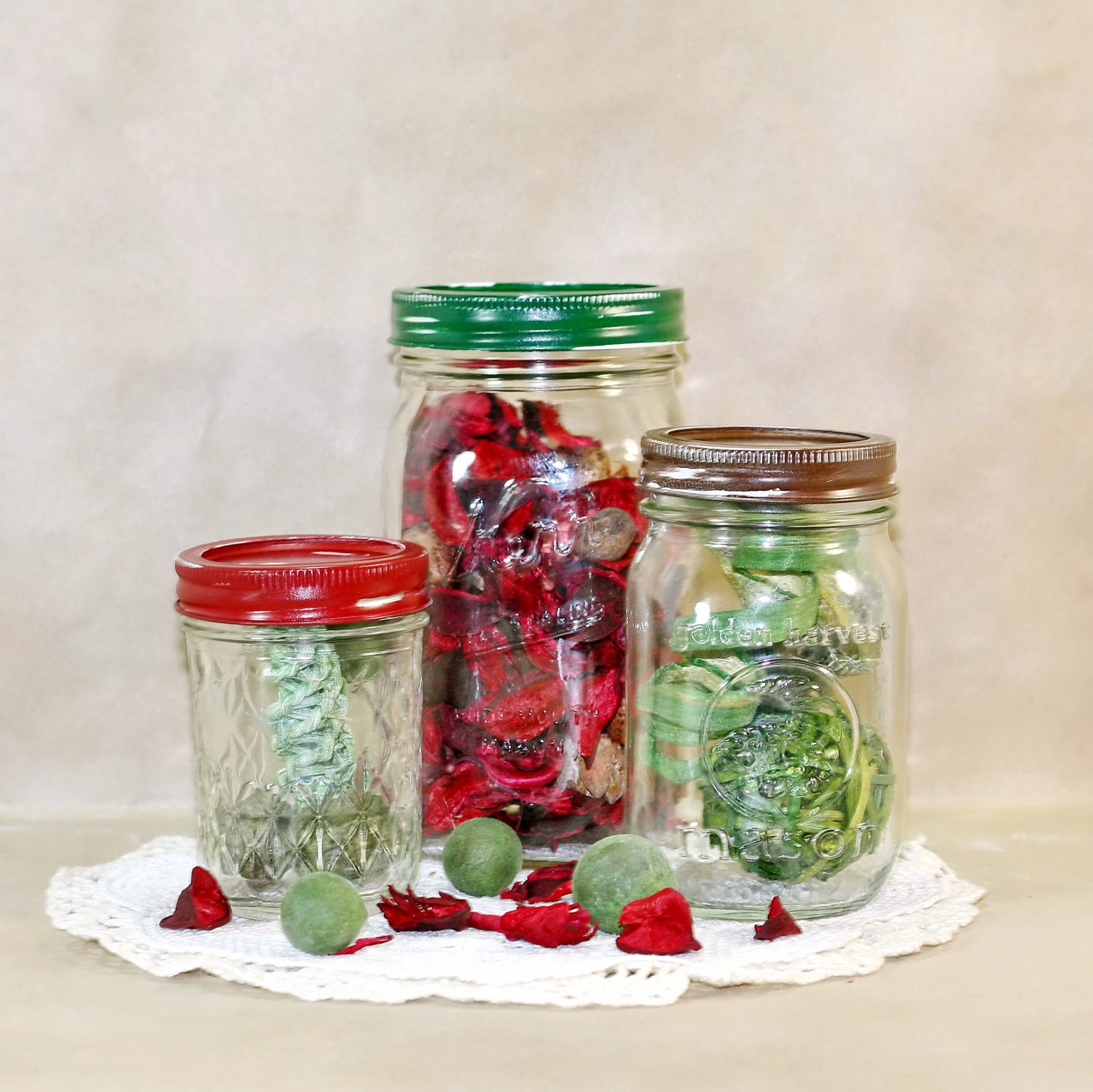 Vintage canning jar canister set painted in red, brown, and green