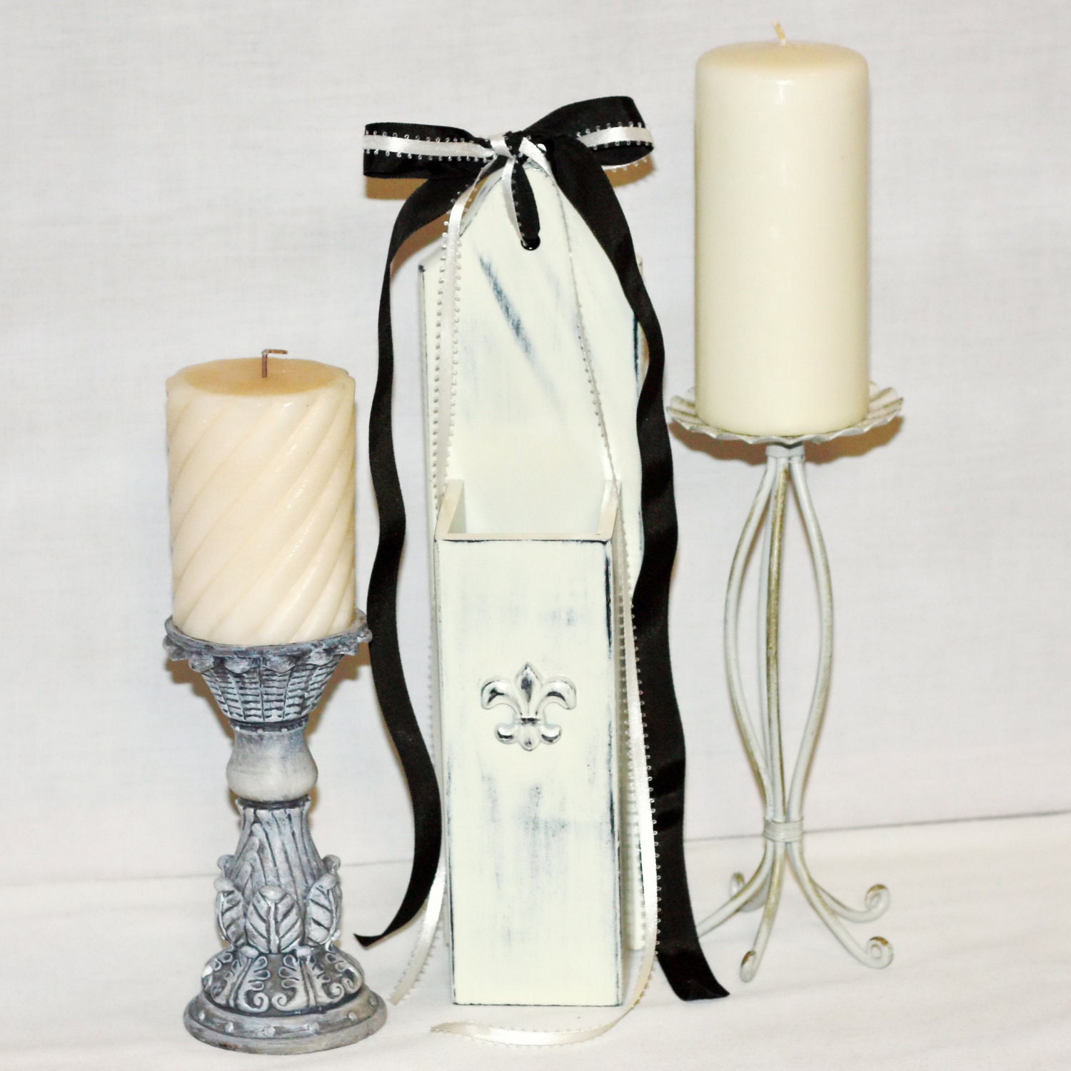 French fleur-de-lis wooden match safe in cream and black distressed finish
