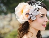 Apricot Bridal Headpiece-Madeline Colelction shown in Soft Apricot & Dusty Gray Peony Vintage Goldenrod Stamens and Ostrich Feathers