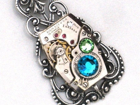 Steampunk - ELEGANT VICTORIAN Watch Movement Necklace - Ruby Jewels - Antique Silver Setting - Neo Victorian - Vintage - GlazedBlackCherry