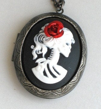 Steampunk Cameo Locket Necklace - SKELETON LADY - Red Rose - Antique Silver - Neo Victorian - GlazedBlackCherry