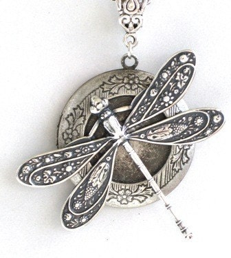 Steampunk - DRAGONFLY LOCKET Necklace - Antique Silver Pendant - Neo Victorian - By GlazedBlackCherry