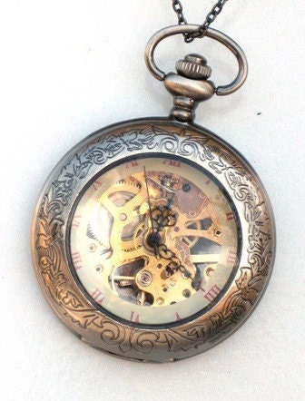Steampunk - SHERLOCK HOLMES -  Pocket Watch - Mechanical - Large - Skeleton Style - Necklace - Gray Silver - GlazedBlackCherry