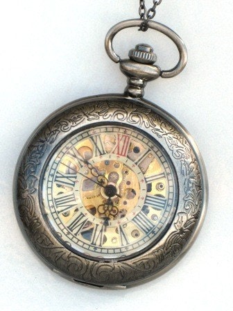 Groomsman Gift - Steampunk Pocket Watch - DELUXE SHERLOCK HOLMES - Necklace - Mechanical - Gray Silver - Neo Victorian - GlazedBlackCherry