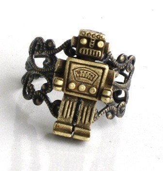 Steampunk MR ROBOT Ring - Antique Silver - Filigree Setting - Miniture Toy Robot - Retro - Geekery - By GlazedBlackCherry