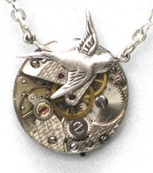 Steampunk - Hunger Games - SOARING BIRD Vintage Watch Movement Pendant Necklace - Antique Silver - Neo Vicotirian - GlazedBlackCherry 3