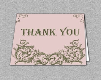 Thank You Card, Vintage Inspired Thank You Card, Pink and Gold Thank You Card