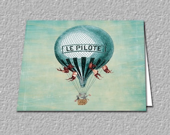 Vintage Hot Air Balloon Note Card Set, Hot Air Balloon Thank You Card, Dirigible Note Card