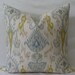 BOTH SIDES -Robert Allen Khanjali Glacier Ikat Designer Pillow Cover 20" X 20" in Blue and Taupe and Chartreuse