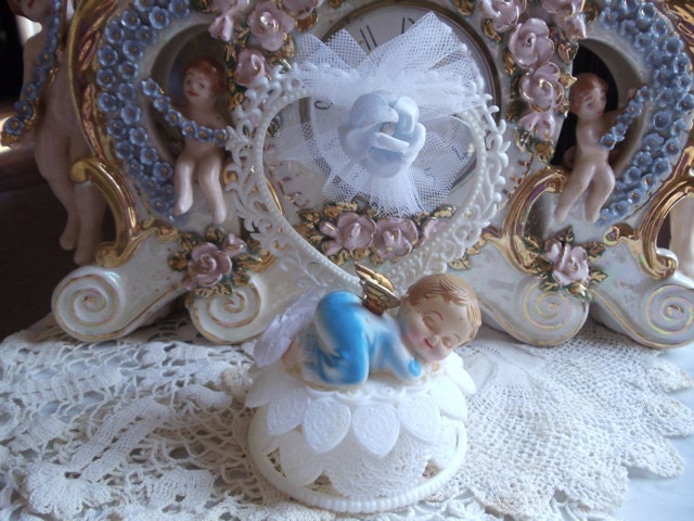 Sale was 20.00 Vintage Wilton  Cake Topper  Baby Boy Angel   Baby Shower Decorations  Baby Sleeping Heart Christening Cake Decoration