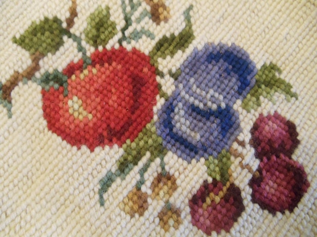 Vintage Needlepoint  Fruit Picture Plums Apple and Cherries  Ecru Background Handstitching  Handwork Repurpose for Pillow or Wall Hanging