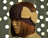 Big Bow Headband/EarWarmer (Eggplant&Cream)