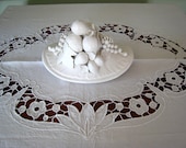 French 1930's Hand Stiched Linen Table Cloth with Floral CutWork