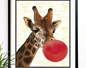20% OFF Sale. Funny Giraffe Art print Giraffe red bubble gum mixed media art giraffe wall art print (9011)