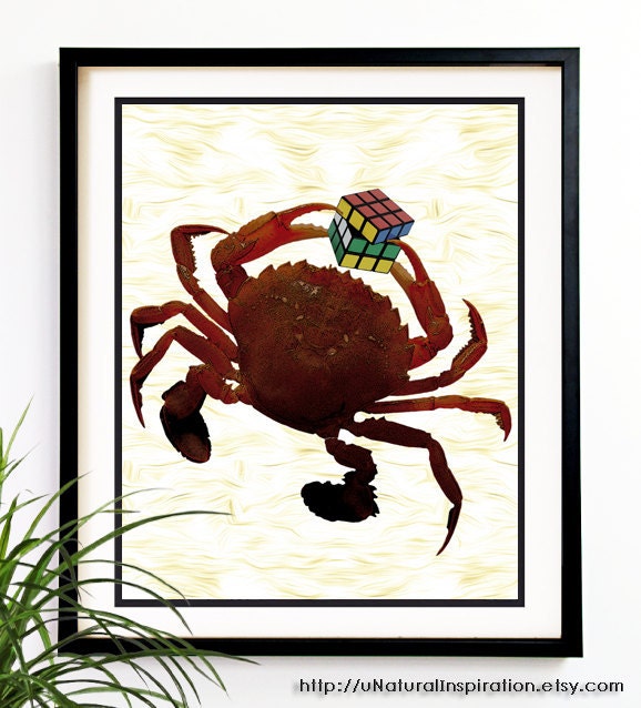 20% OFF Sale Crab print rubiks cube Mixed media art prints Animal decor Nautical decor (1014)