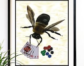 20% OFF Sale Bee Art print Bee playing poker Original art print Insects art print (1023)
