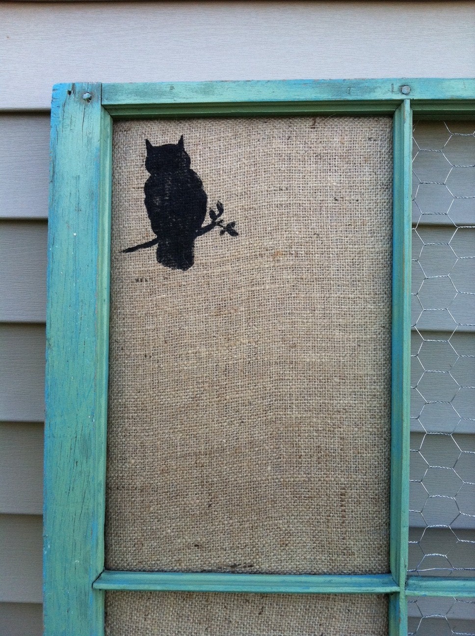 burlap corkboard messageboard from vintage barnwood window