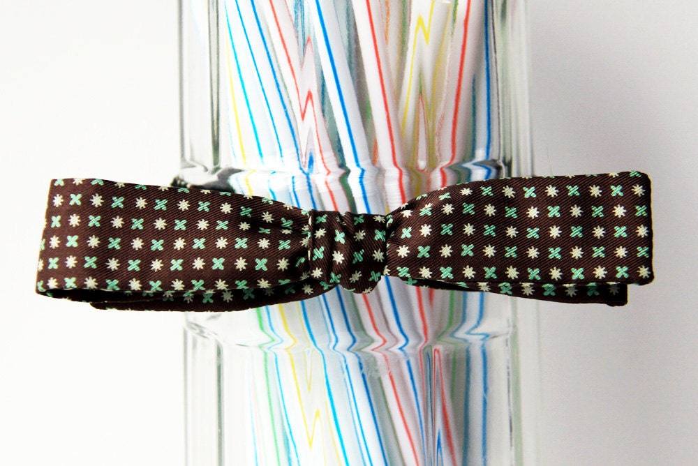 Cross Eyed Skinny Brown/Turquoise/Grey Starburst Self Tie Bow Tie