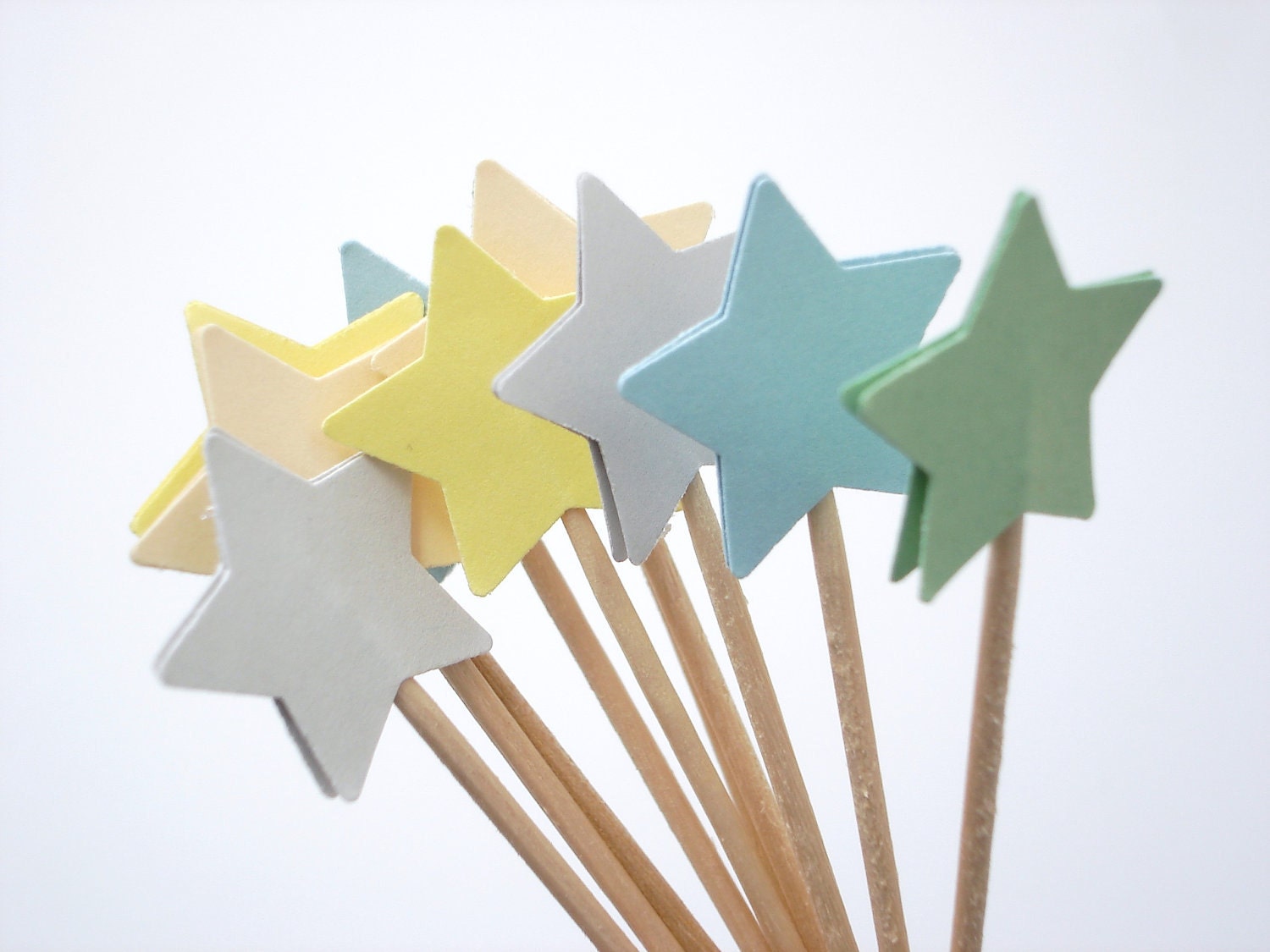 24 Mixed Pastel Yellow Blue Gray Green Ivory Star Party Picks, Cupcake Toppers, Food Picks, Toothpicks, Drink Picks - No619