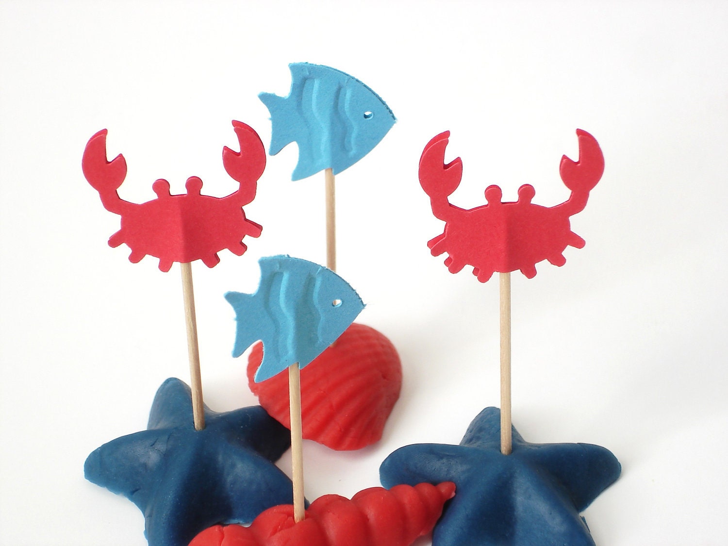 24 Sea Life Blue Fish Red Crab Cupcake Toppers, Party Picks, Toothpicks, Food Picks - No447
