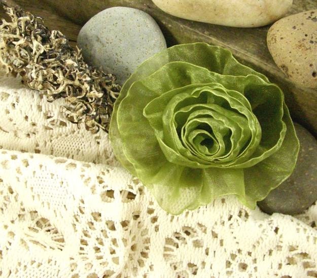 Organza Rose in Willow - Handmade Ribbon Flower - Brooch, Pin, Hair Clip, Shoe Clips, Headband