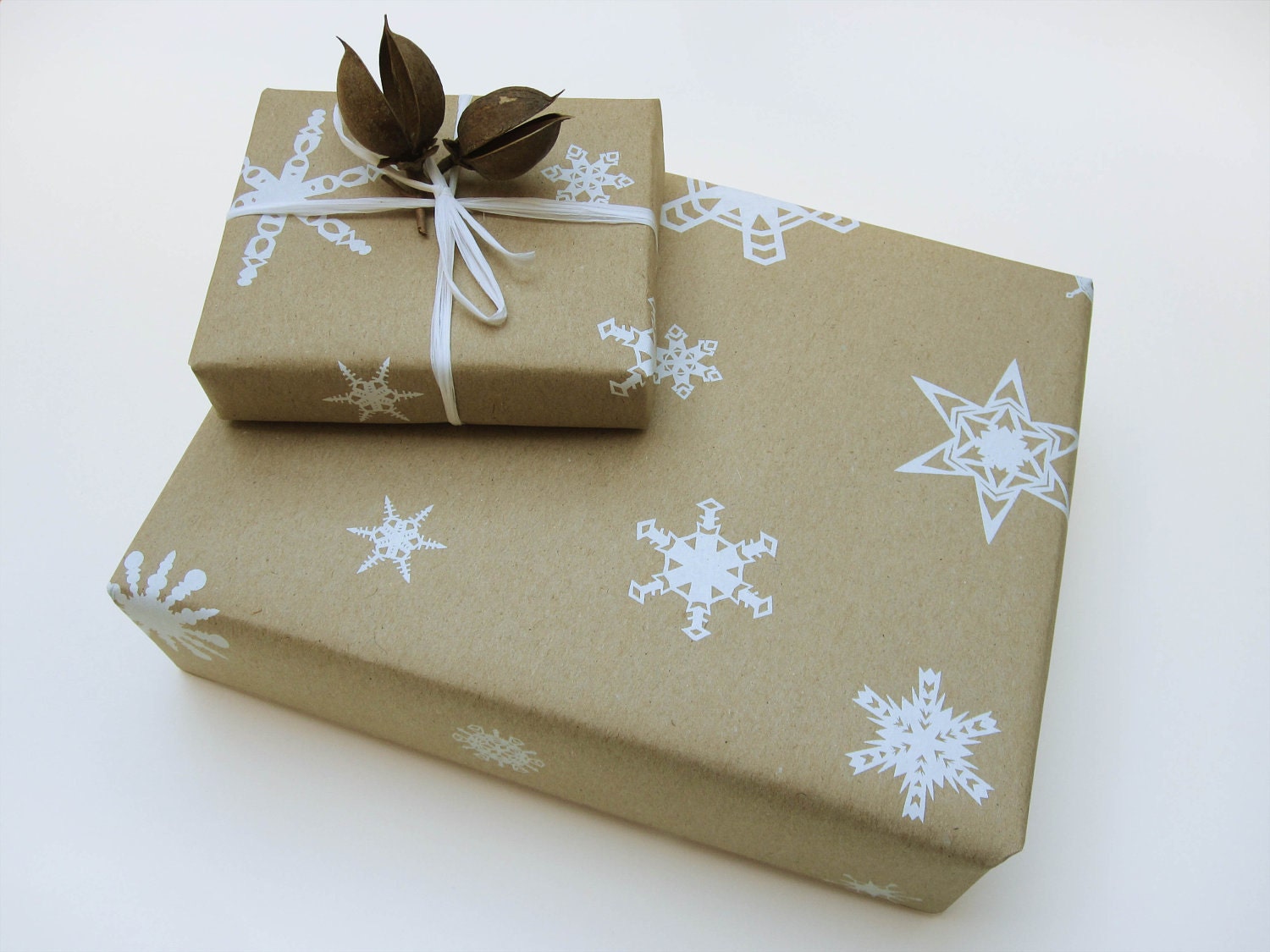Screen Printed Wrapping Paper, Snowflakes / Stars on 100% eco-friendly recycled paper, handmade, 50 x 70 cm