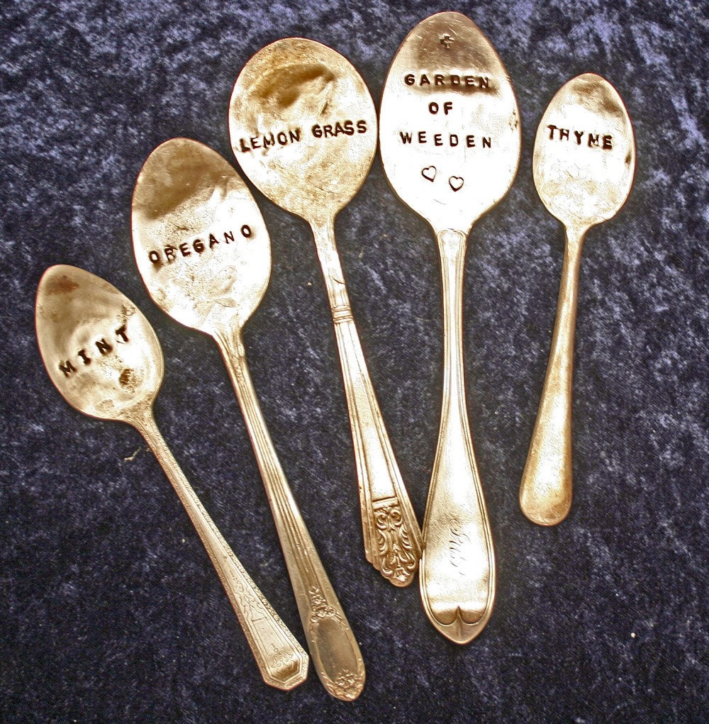 Custom Silverplate Silverware Garden Marker Hand Stamped  - Pick 5