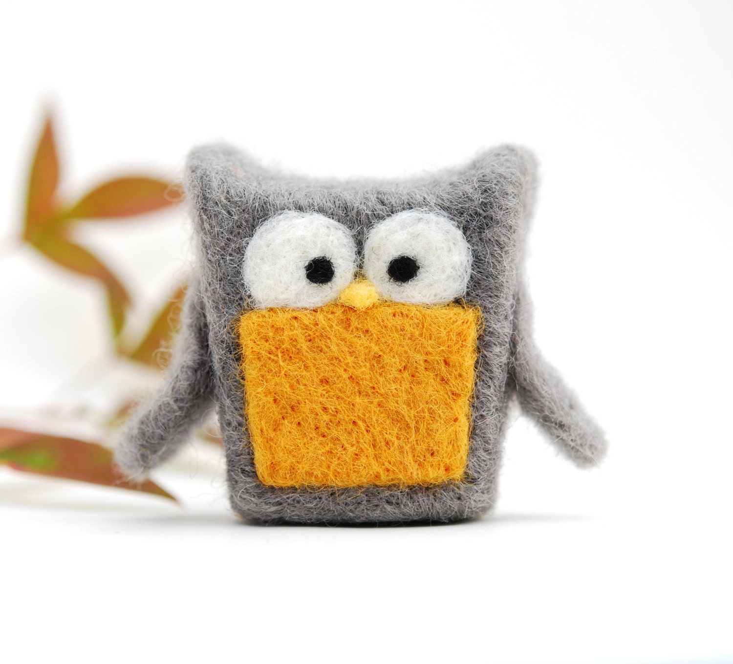 Needle Felted Owl, grey mustard yellow wool home whimsical decor play ecofriendly