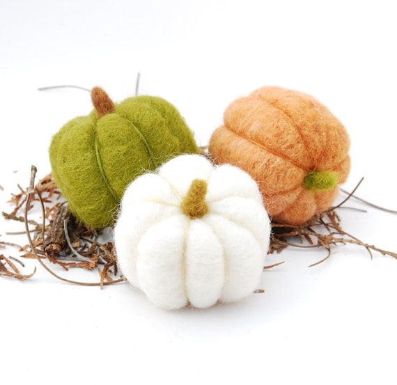 Needle Felted Pumpkins three orange wool autumn fall decor green white