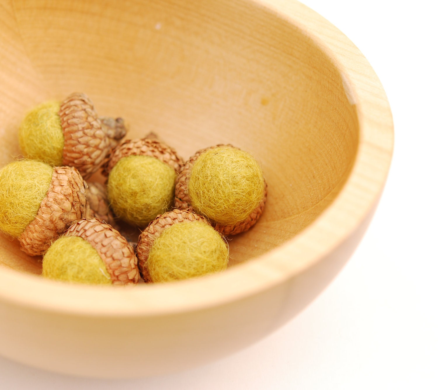 Felted Acorns,  moss nature woodland decor olive green ecofriendly