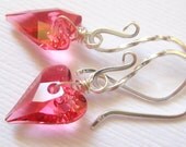 Pink heart earrings, Swarovski crystal earrings, Pink bridesmaid earrings, Sterling silver wire wrapped earrings, Friendship earrings