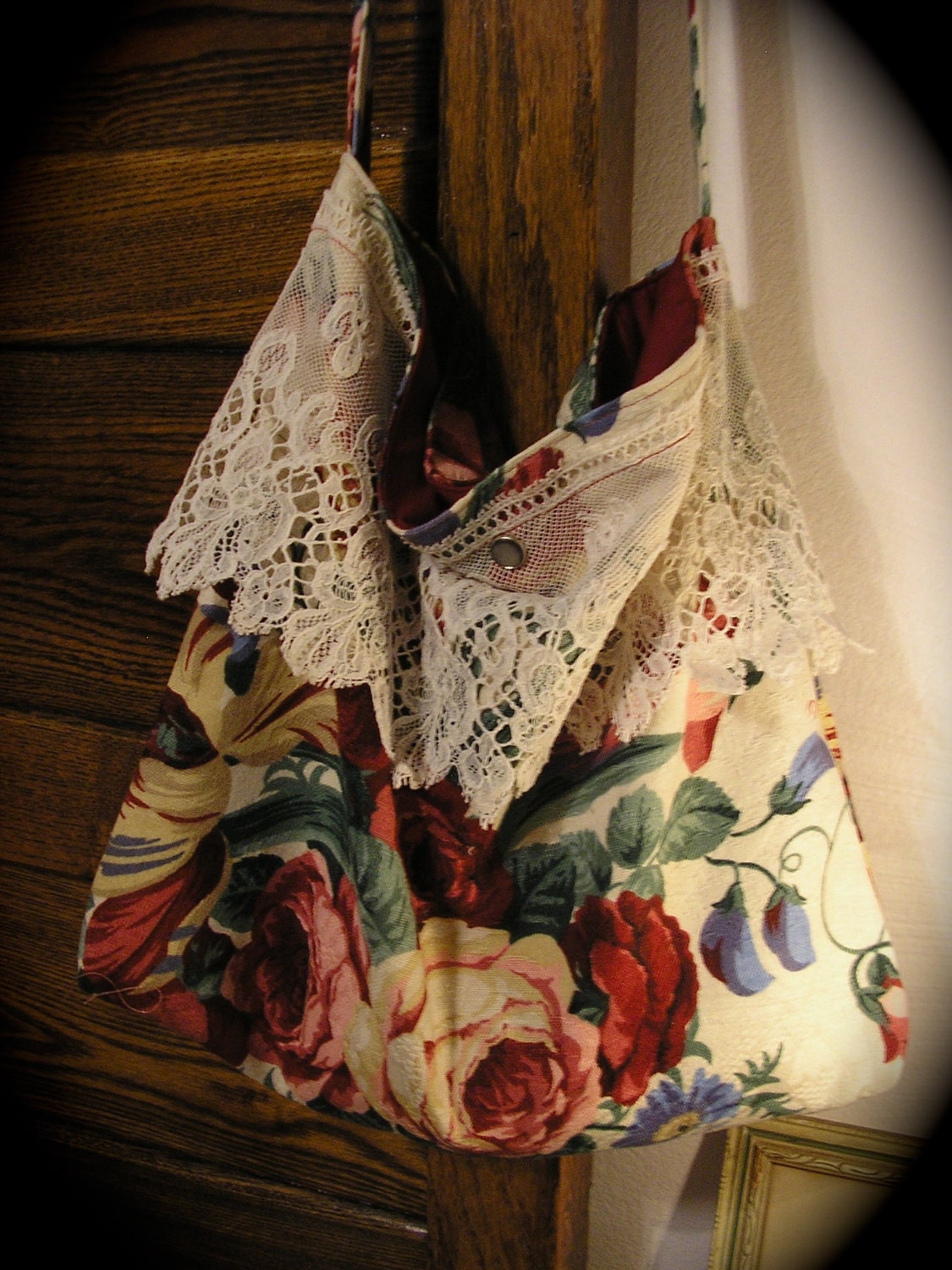 Slouchy Fabric Bag, vintage victorian scalloped lace dainty delicate romantic handmade thick floral cotton