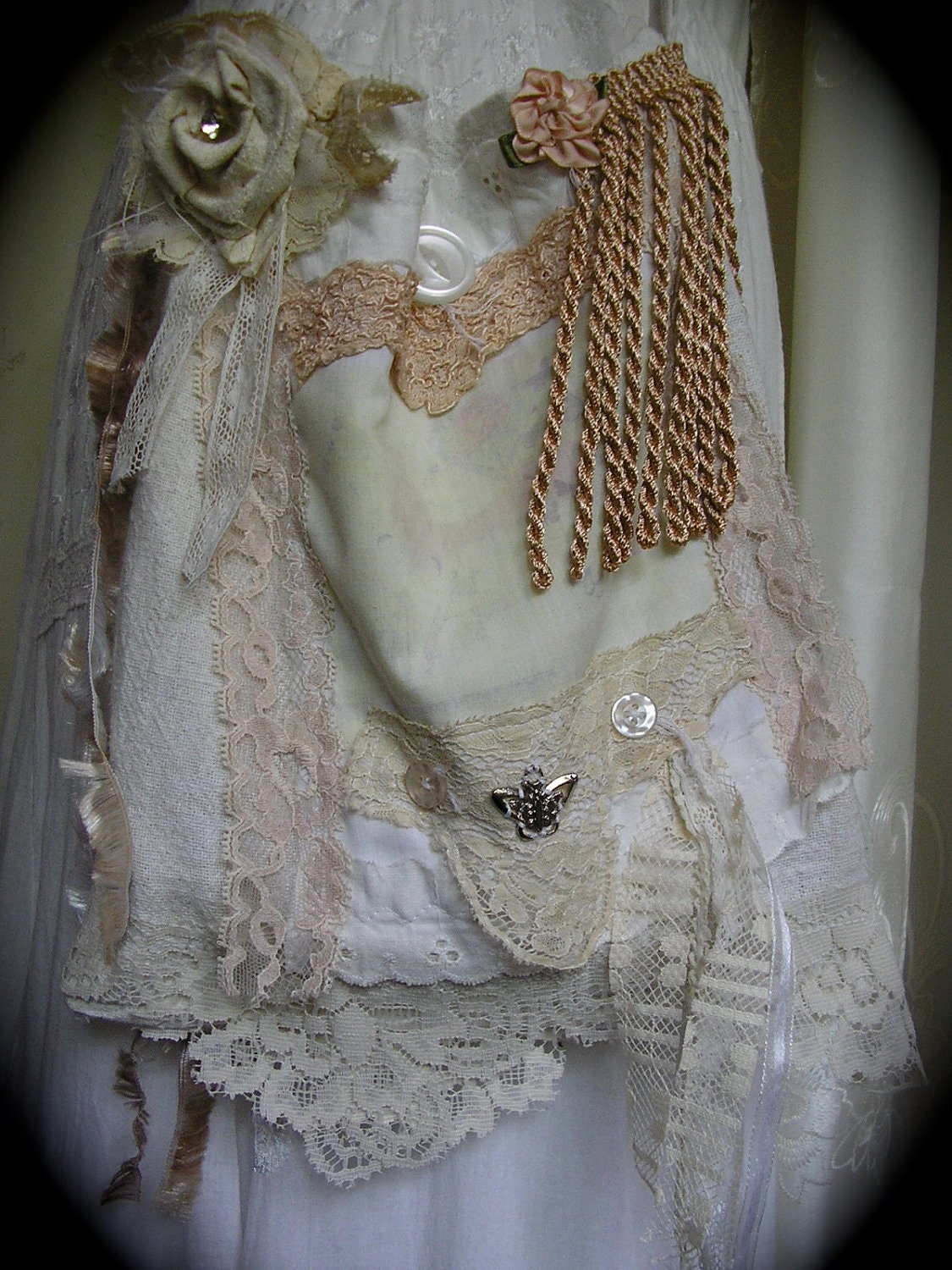 Tattered Linen Bag gypsy fringe vintage linen burlap shabby french chic cotton fabric purse handmade SMALL