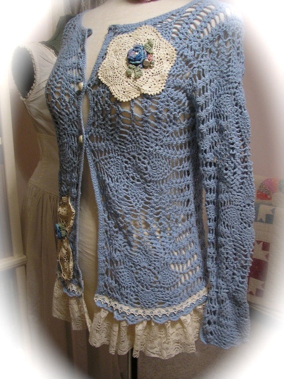 Doily Crochet Sweater, shabby cotton vintage doilies lace upcycled altered clothes MEDIUM