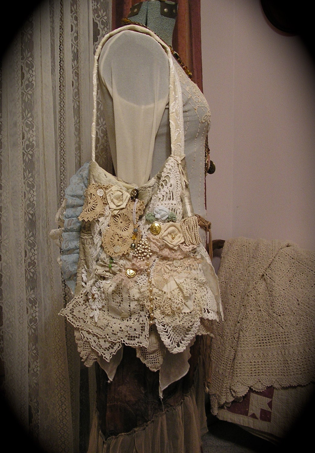 Victorian Gypsy Bag handmade shabby romantic layers ruffled laces doilies ivory creme