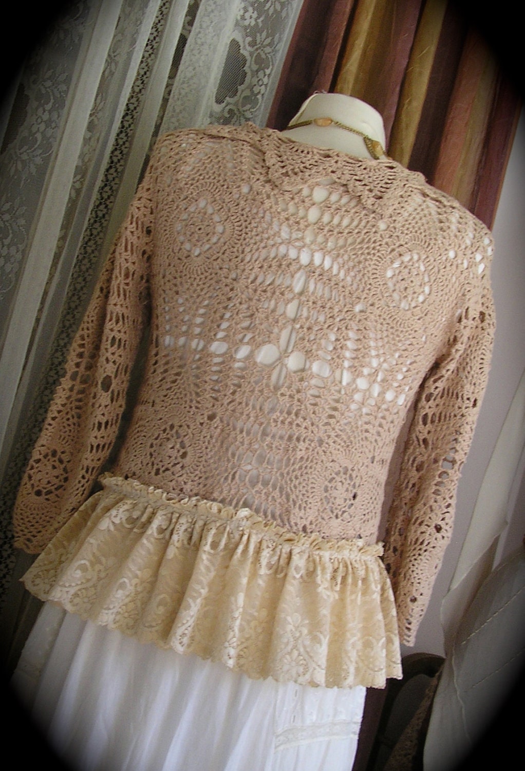 Vintage Crocheted Sweater, beige, romantic feminine, ruffled lace, altered couture, womens Small