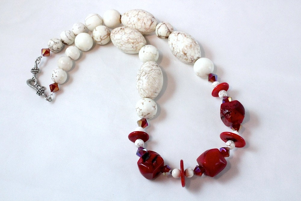 Red and White Coral and Magnesite Necklace