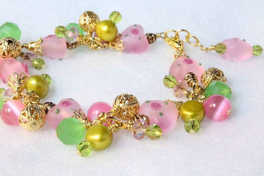 Lampwork Hearts Bracelet, Pink and Green Hearts and Flowers