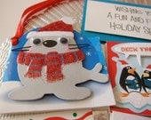 7 Cute Holiday Gift Card Tags for Christmas - blue red and white - penquins - seal - stocking - xmas - holiday presents